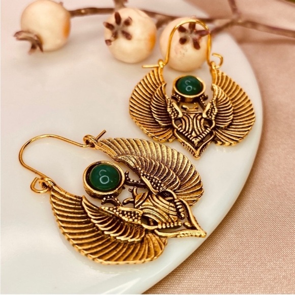 Bohemian Vintage Egyptian Sacred Wings & Moth Antique Gold Dangle Earrings - Picture 3 of 3